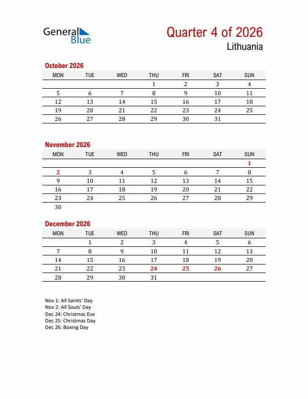 Printable Three Month Calendar with Lithuania Holidays