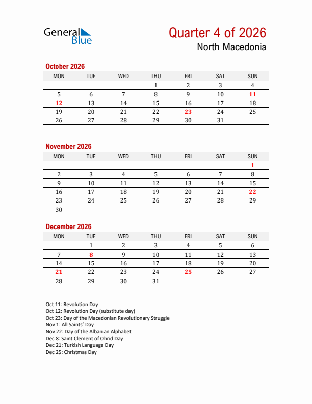 Printable Three Month Calendar with North Macedonia Holidays