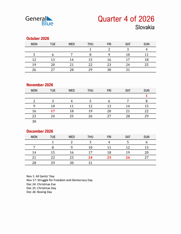 Printable Three Month Calendar with Slovakia Holidays