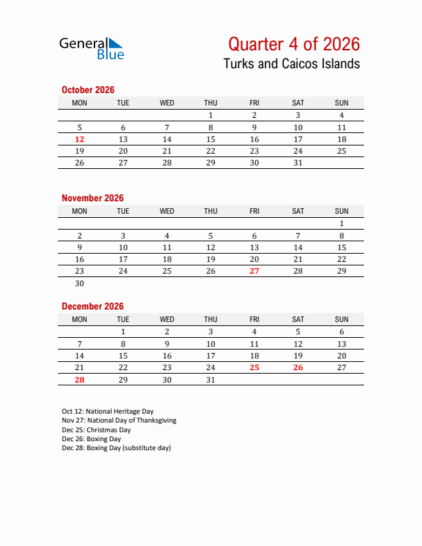 Printable Three Month Calendar with Turks and Caicos Islands Holidays
