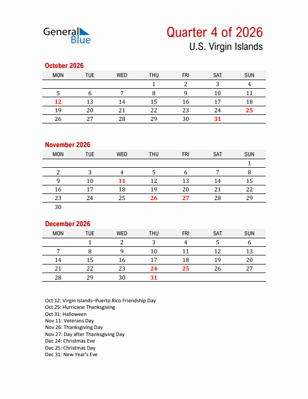 Printable Three Month Calendar with U.S. Virgin Islands Holidays