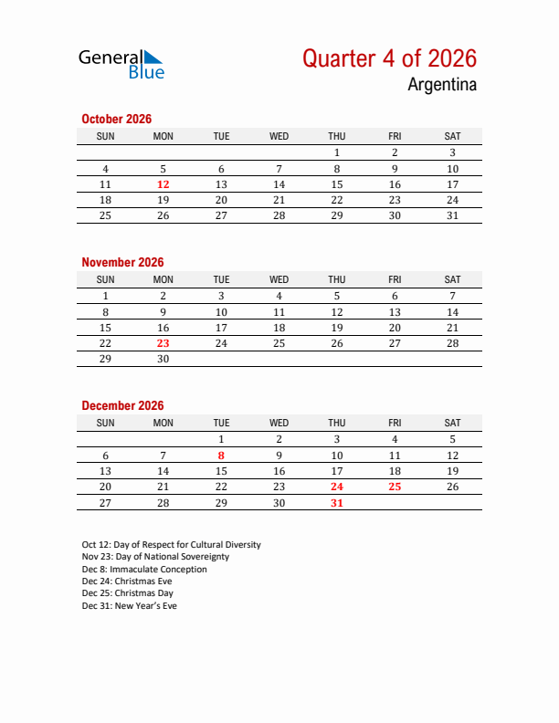 Printable Three Month Calendar with Argentina Holidays