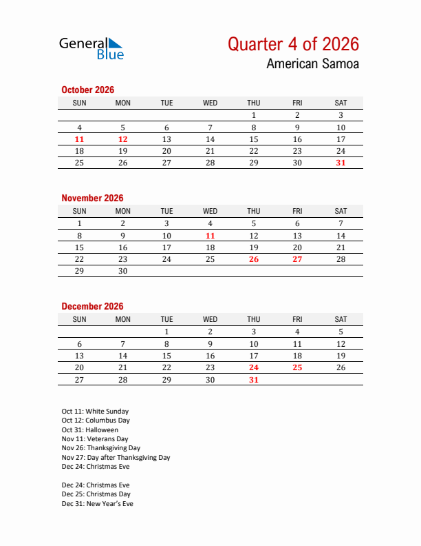 Printable Three Month Calendar with American Samoa Holidays