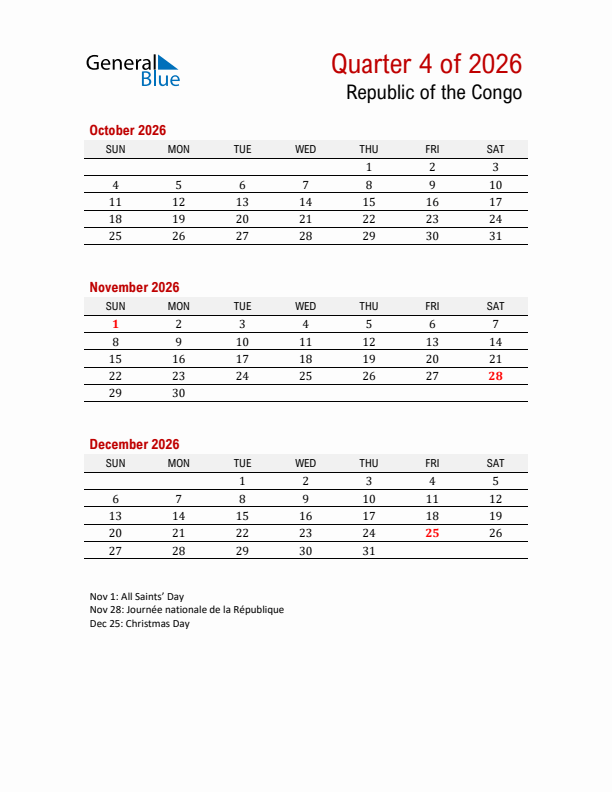 Printable Three Month Calendar with Republic of the Congo Holidays