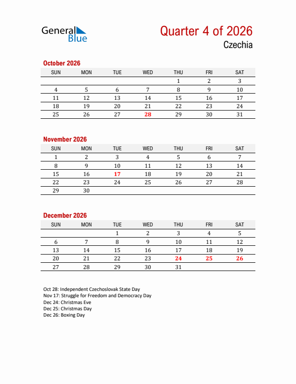 Printable Three Month Calendar with Czechia Holidays
