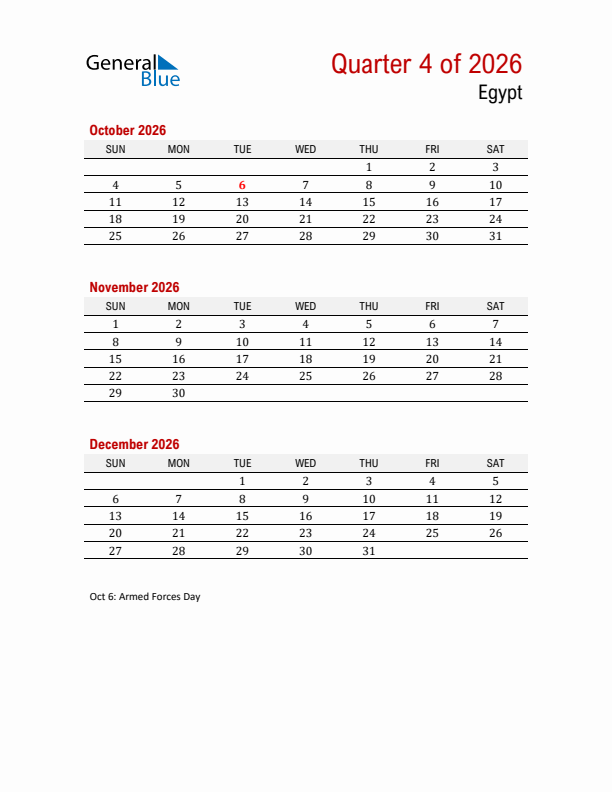 Printable Three Month Calendar with Egypt Holidays