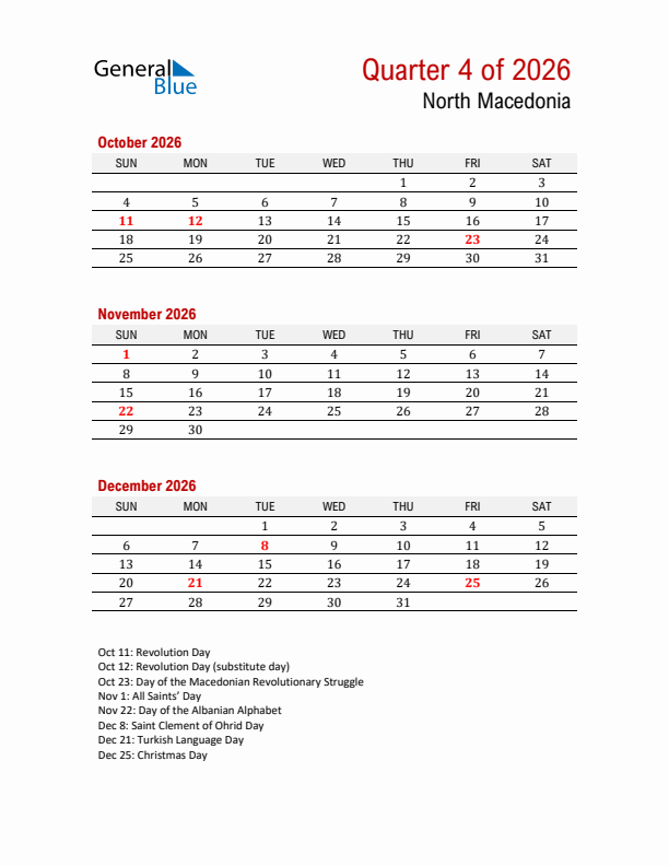 Printable Three Month Calendar with North Macedonia Holidays