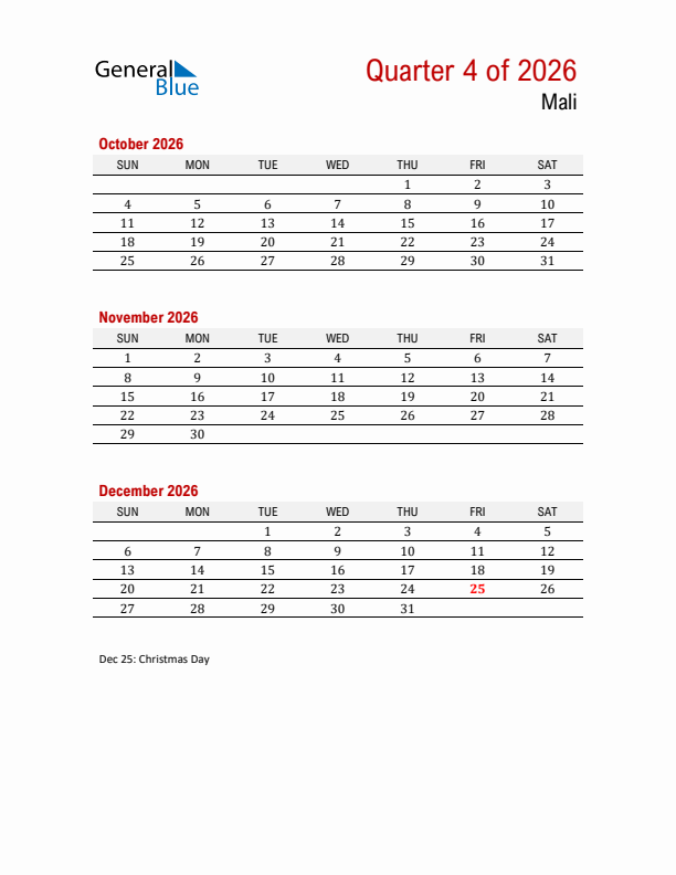 Printable Three Month Calendar with Mali Holidays