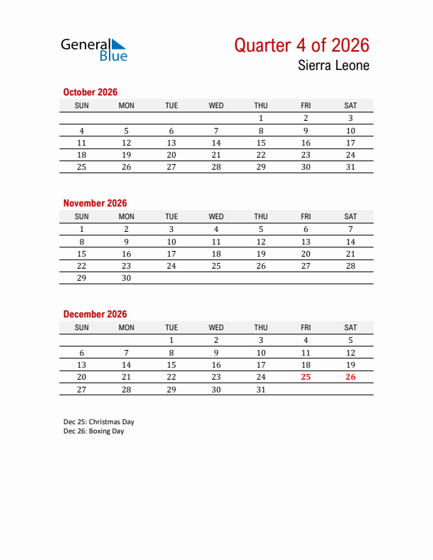 Printable Three Month Calendar with Sierra Leone Holidays