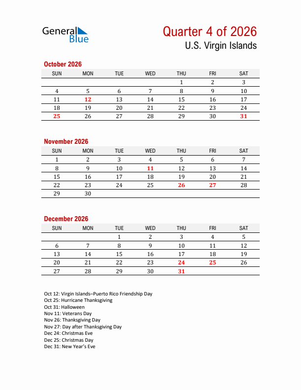 Printable Three Month Calendar with U.S. Virgin Islands Holidays