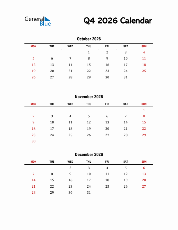 2026 Q4 Calendar with Red Weekend