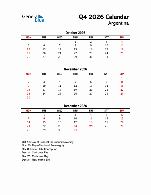 2026 Q4 Calendar with Holidays List for Argentina