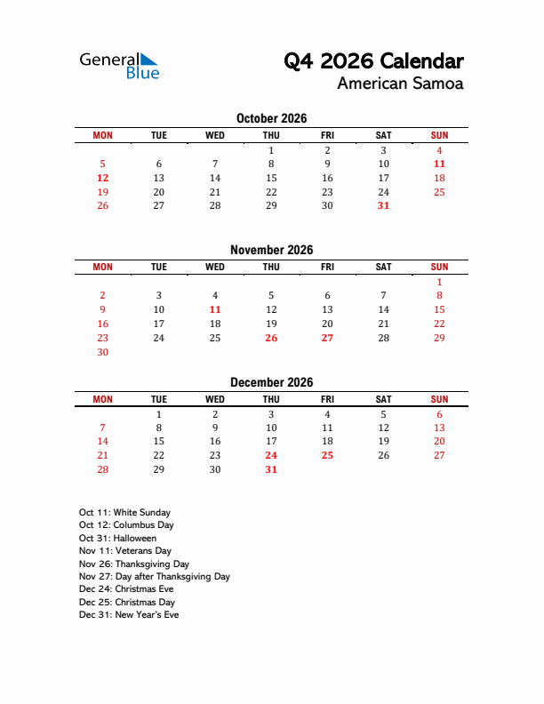 2026 Q4 Calendar with Holidays List for American Samoa
