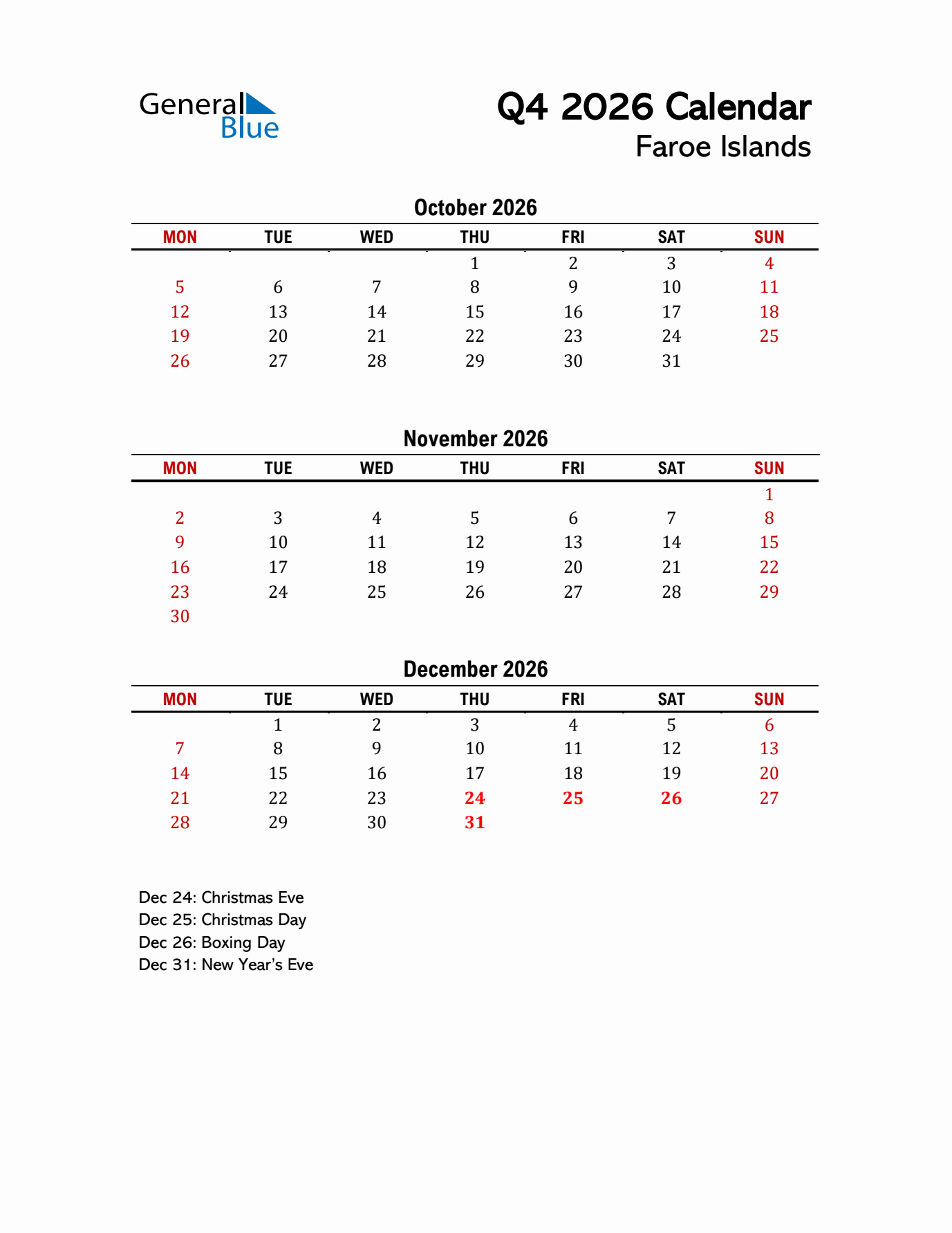 2026 Q4 Calendar with Holidays List for Faroe Islands