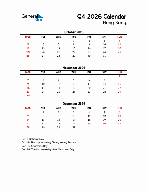 2026 Q4 Calendar with Holidays List for Hong Kong