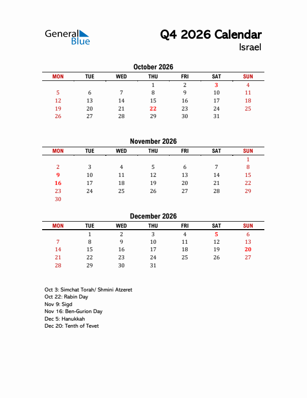 2026 Q4 Calendar with Holidays List for Israel