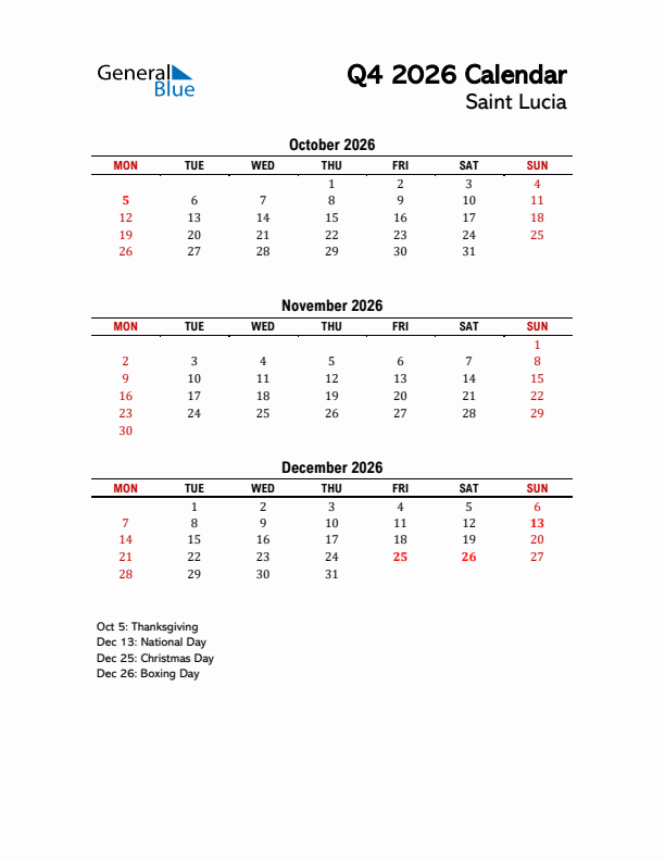 2026 Q4 Calendar with Holidays List for Saint Lucia