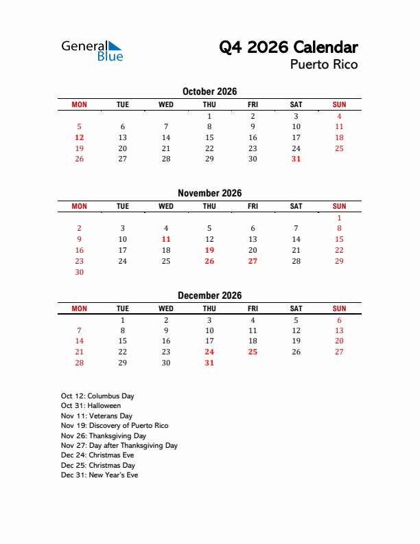 2026 Q4 Calendar with Holidays List for Puerto Rico