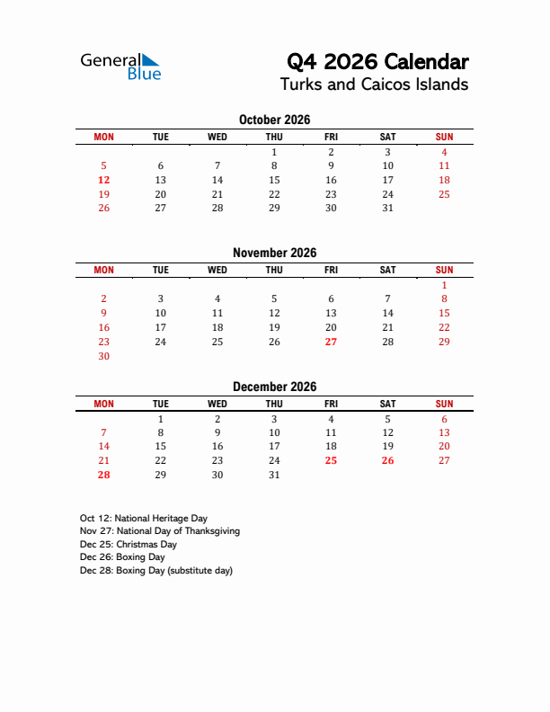 2026 Q4 Calendar with Holidays List for Turks and Caicos Islands