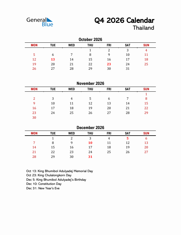 2026 Q4 Calendar with Holidays List for Thailand