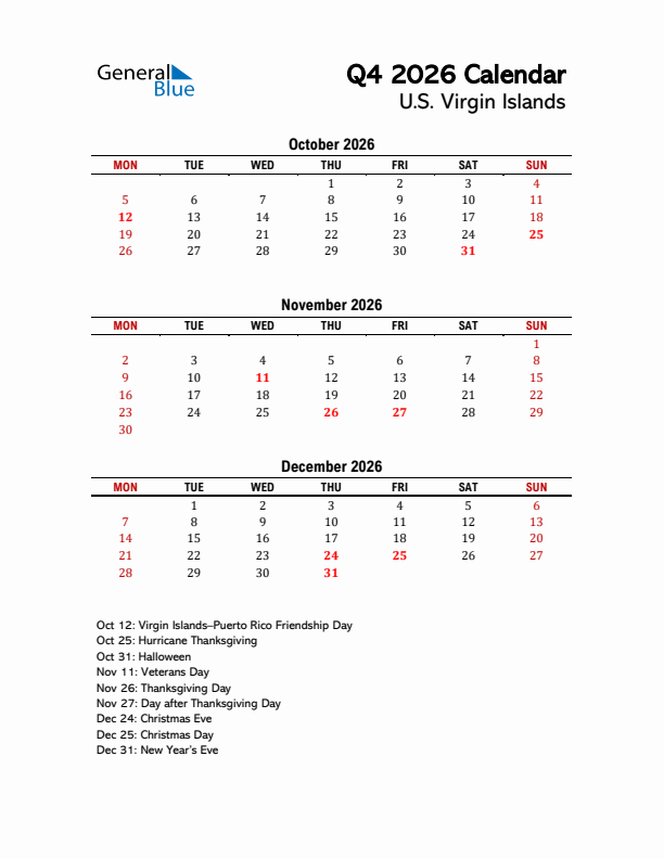 2026 Q4 Calendar with Holidays List for U.S. Virgin Islands