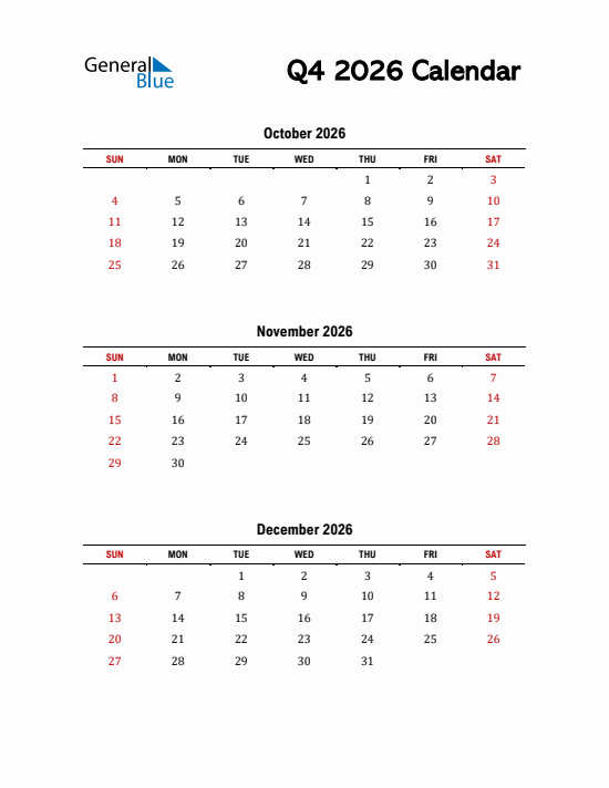 Quarter 4 2026 calendar template