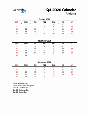 Andorra Quarter 4  2026 calendar template