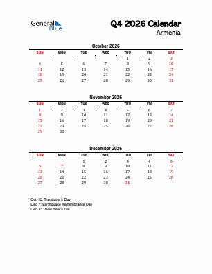Armenia Quarter 4  2026 calendar template