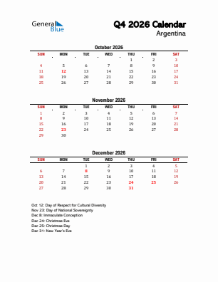 Argentina Quarter 4  2026 calendar template