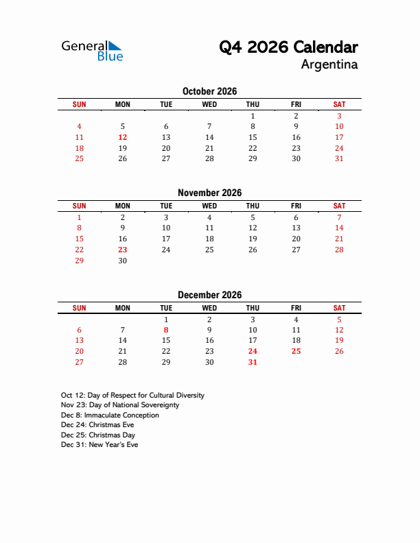 2026 Q4 Calendar with Holidays List for Argentina