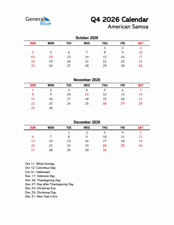 2026 Q4 Calendar with Holidays List for American Samoa