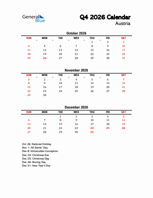 Austria Quarter 4  2026 calendar template
