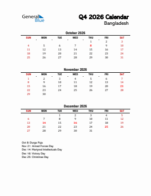 Bangladesh Quarter 4  2026 calendar template