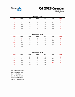 Belgium Quarter 4  2026 calendar template