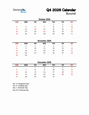 Burundi Quarter 4  2026 calendar template