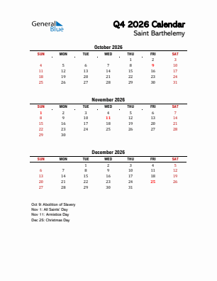 Saint Barthelemy Quarter 4  2026 calendar template