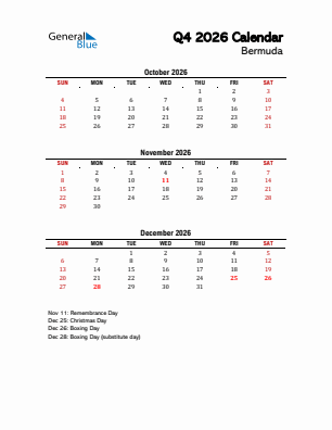 Bermuda Quarter 4  2026 calendar template