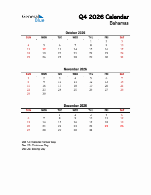 Bahamas Quarter 4  2026 calendar template