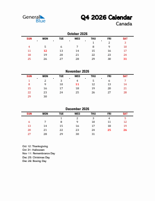 Canada Quarter 4  2026 calendar template