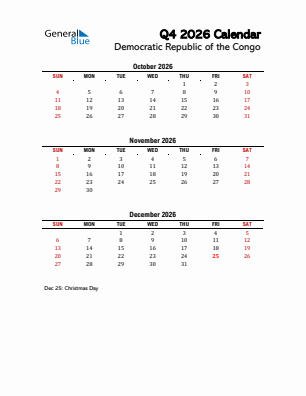 Democratic Republic of the Congo Quarter 4  2026 calendar template