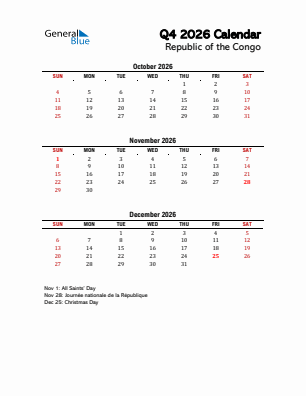 Republic of the Congo Quarter 4  2026 calendar template