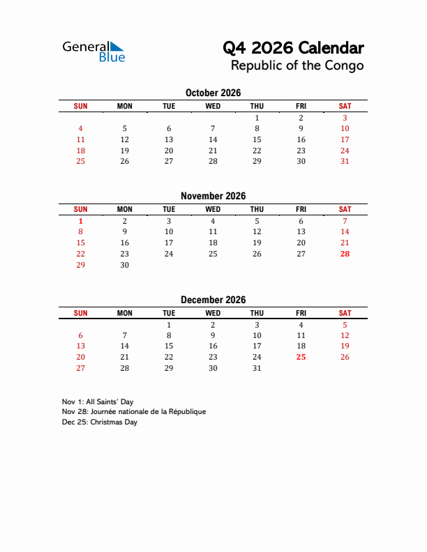 2026 Q4 Calendar with Holidays List for Republic of the Congo