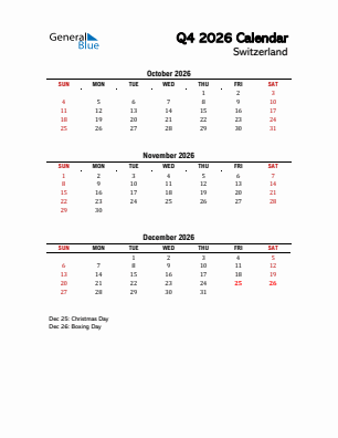 Switzerland Quarter 4  2026 calendar template