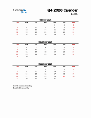 Cuba Quarter 4  2026 calendar template