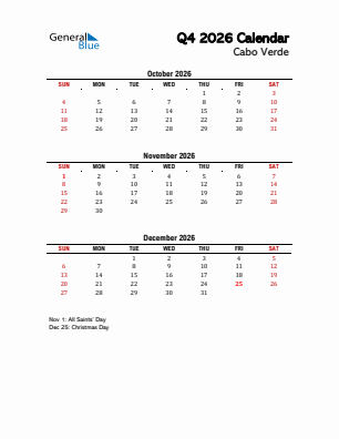 Cabo Verde Quarter 4  2026 calendar template