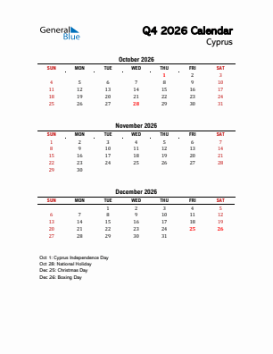 Cyprus Quarter 4  2026 calendar template