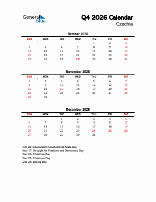Czechia Quarter 4  2026 calendar template