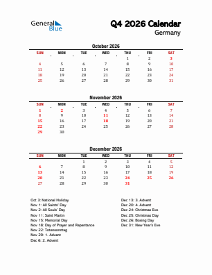 Germany Quarter 4  2026 calendar template