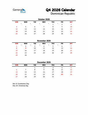 Dominican Republic Quarter 4  2026 calendar template