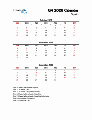 Spain Quarter 4  2026 calendar template